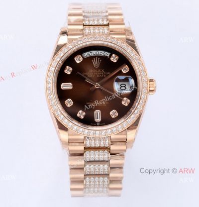  Best Copy Rolex DayDate 36 Swiss 3255 Watch Brown Gradient Dial Center diamond Band